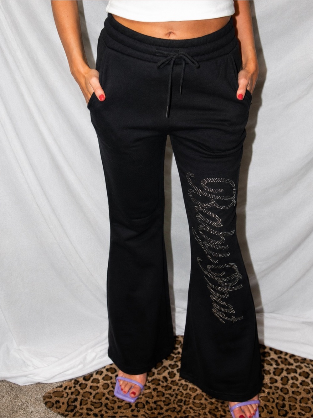 Iconic Y2K Baby Phat sweatpants in black with rhinestones